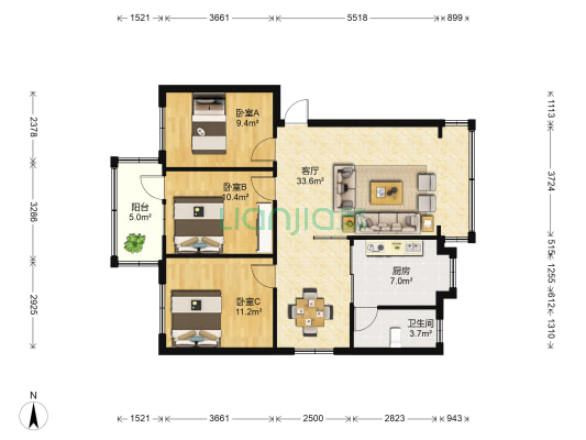 广西电力实验研究院安吉生活区 3室1厅1卫 93平方