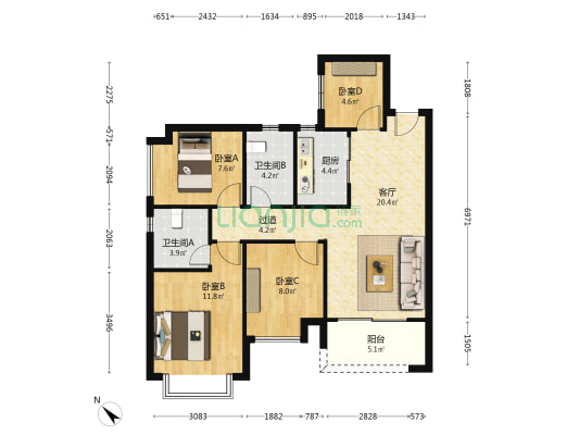 恒大成二期 4室1厅2卫 106平方
