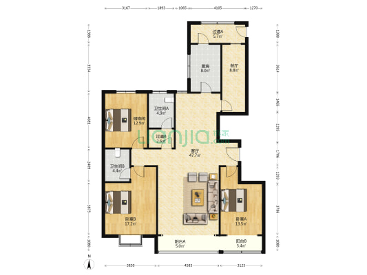 发源小区南区 2室2厅2卫 176平方