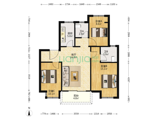 科锐花园 3室1厅2卫 90平方