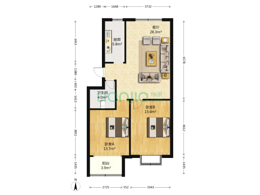 宏安嘉苑 2室1厅1卫 90平方