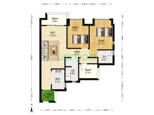 东原印阅府 2室1厅2卫 86平方