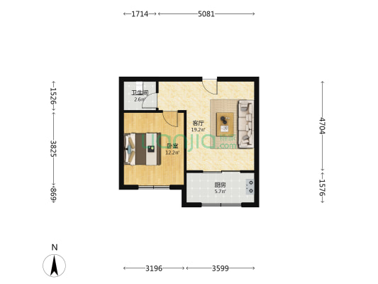 此房朝南，精装一居室 集中供暖-户型图