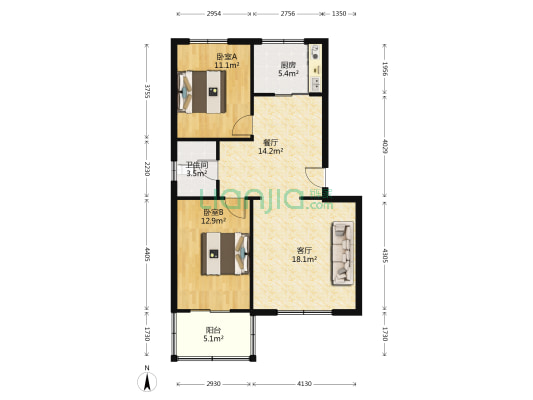 涿州市区南北通透两居室，中间楼层。-户型图