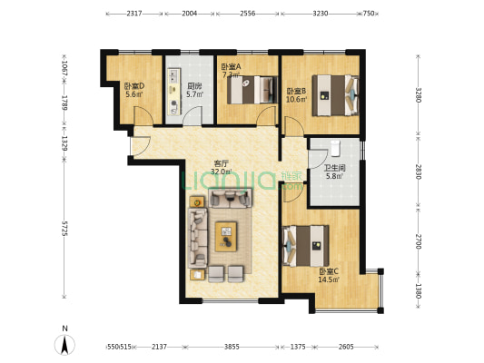 北京界三利中和城一期四居室精装修，南北通透，位置好-户型图