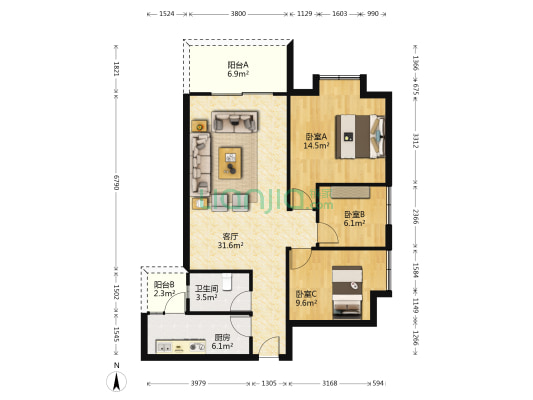 荔港南湾H区 3室1厅1卫 101平方