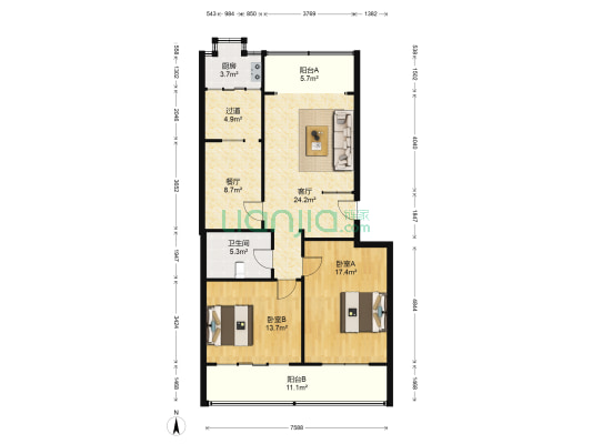交通银行宿舍 2室2厅1卫 103平方