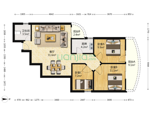 珠江大家庭花园 3室1厅1卫 94平方
