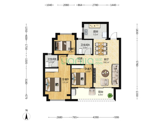 大华公园荟 3室1厅2卫 88平方