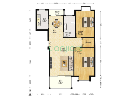 北方佳苑 2室2厅1卫 114平方