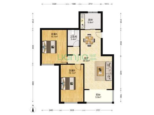 银领花园 2室1厅1卫 102平方