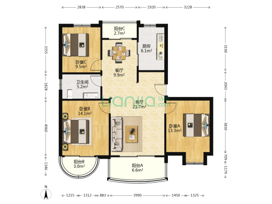 北宸佳苑 3室2厅1卫 126平方