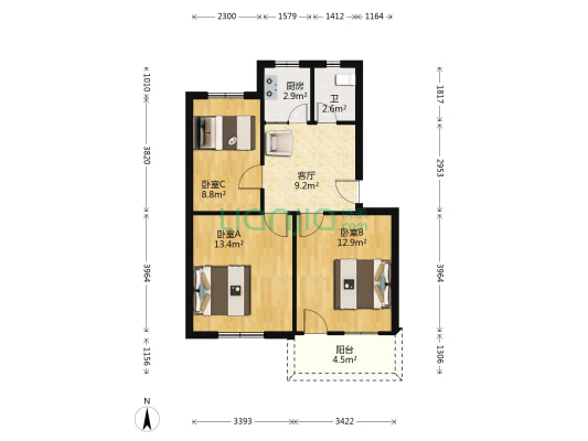 凤凰社区 3室1厅1卫 66平方