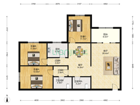 助邦公寓 3室2厅2卫 113平方