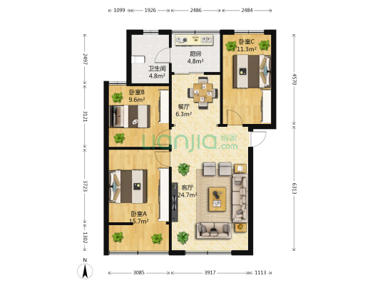 云南政法干部学校教工宿舍 3室2厅1卫 92平方