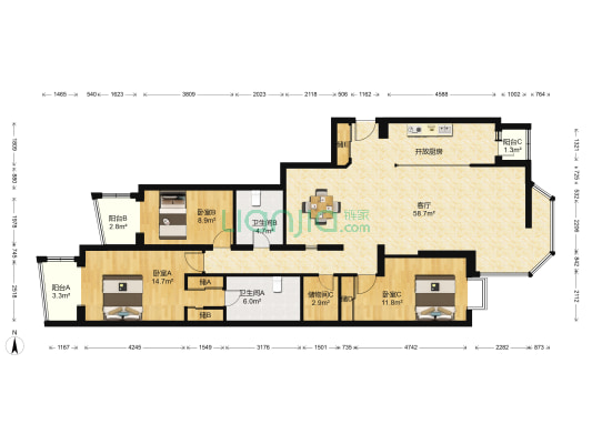 华府景园 3室1厅2卫 173平方