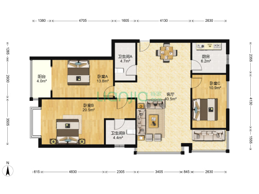盛世华庭 3室1厅2卫 132平方