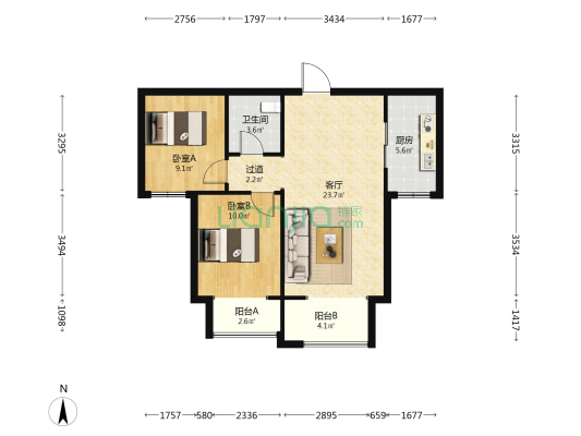 远洋新兴公馆 2室1厅1卫 88平方