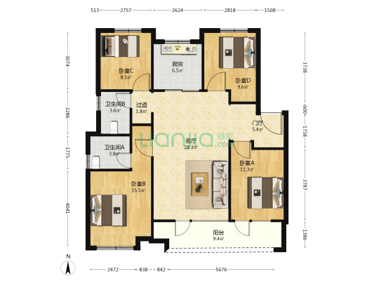 绿地新里城三区 4室1厅2卫 144平方