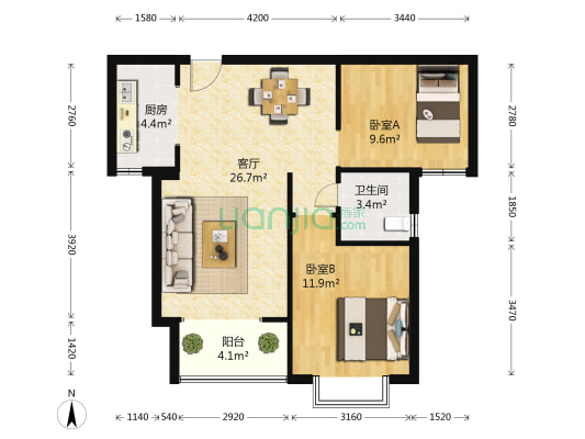 北三里名城北区 2室1厅1卫 86平方