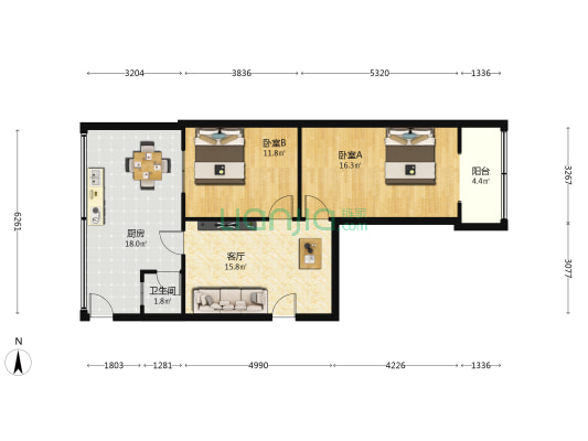新南路77号 2室1厅1卫 59平方