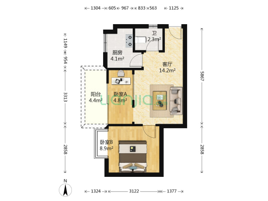 明发江南丽景 2室1厅1卫 48平方
