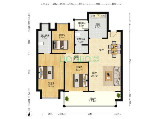 建投朝朝暮暮 3室1厅2卫 125平方