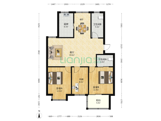 云集小区 3室1厅2卫 104平方