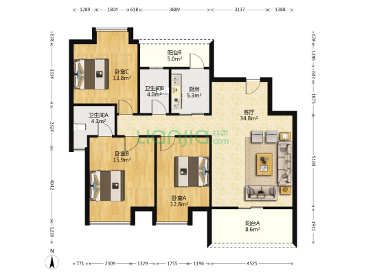 鸿顺花园 3室1厅2卫 122平方