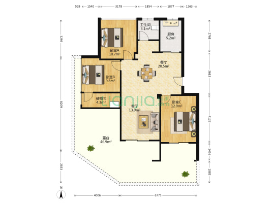 上源华庭 3室2厅1卫 95平方
