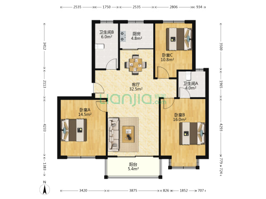 御苑家园A区 3室1厅2卫 114平方