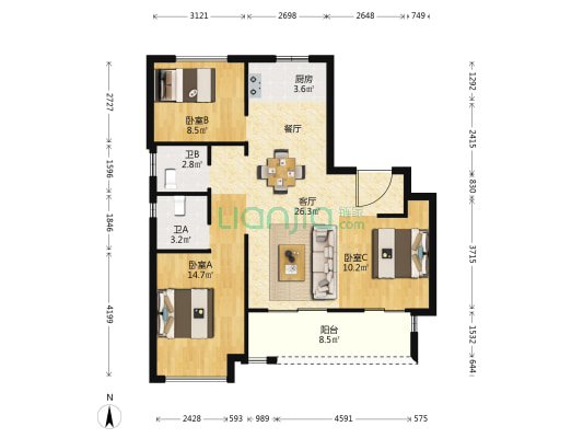 栖湖尚府 3室1厅2卫 100平方
