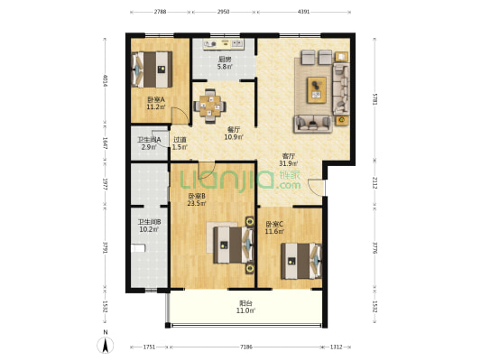 黄河职工疗养院 3室2厅2卫 146平方
