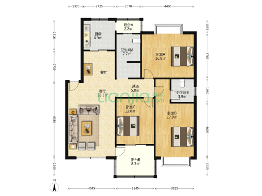 宏蕊花园 3室1厅2卫 139平方