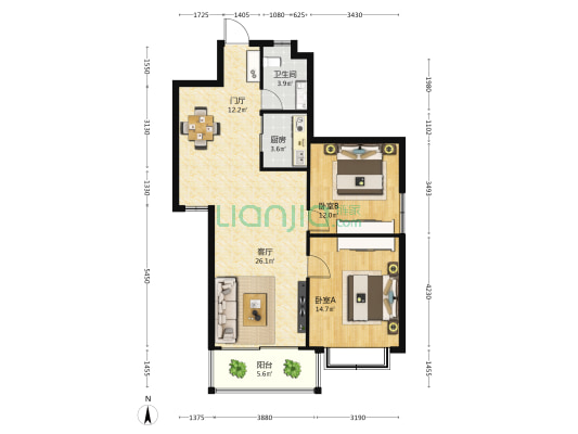 玫瑰湾小区 2室1厅1卫 89平方