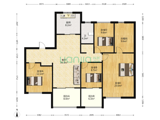 绿地紫峰公馆 4室1厅1卫 119平方