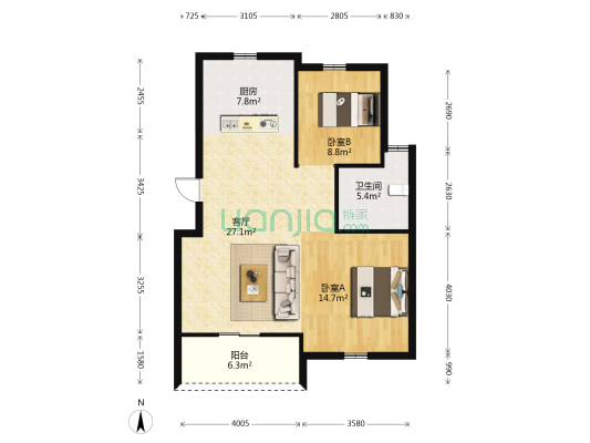 清华府 2室1厅1卫 117平方