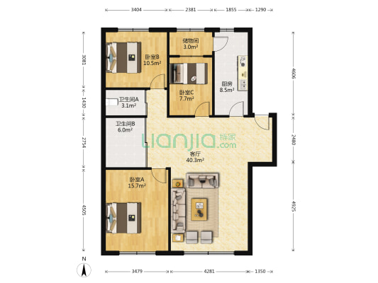 北山小区 3室1厅2卫 119平方