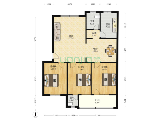 三方小区 3室2厅2卫 128平方