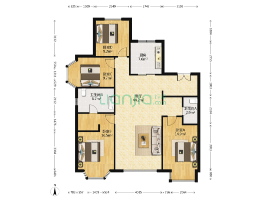 旭辉铂宸府 4室1厅2卫 168平方