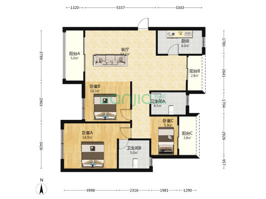 月兔财富中心 3室1厅2卫 121平方