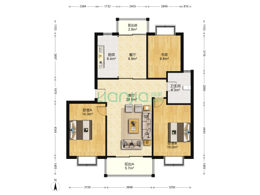 恒泰雅居 3室2厅1卫 118平方