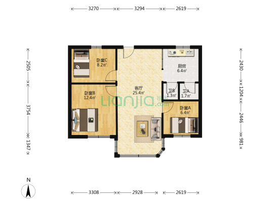 快子大厦 3室1厅2卫 88平方