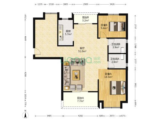 天汇龙城龙湖苑 2室1厅2卫 131平方