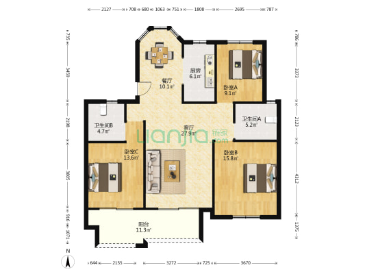 香安雅苑 3室2厅2卫 126平方