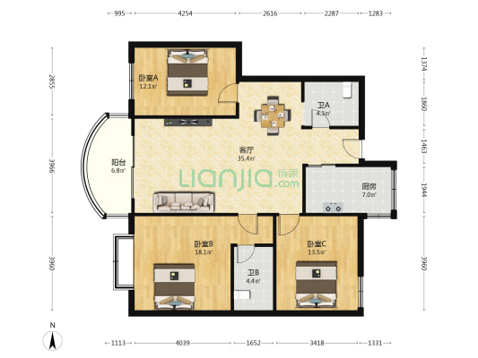 丽景苑(南岸) 3室1厅2卫 120平方