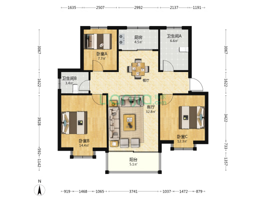 天妃东苑 3室1厅2卫 121平方