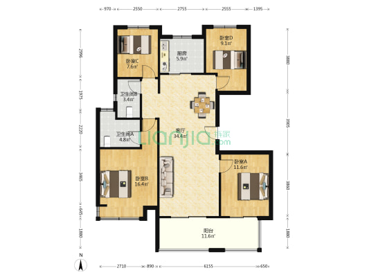 澜山悦庭 4室1厅2卫 123平方