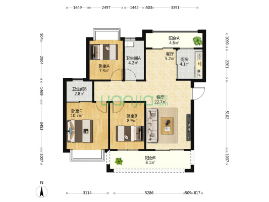 洪恩花园 3室2厅2卫 94平方