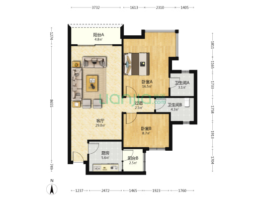 牛仔城 2室1厅2卫 81平方
